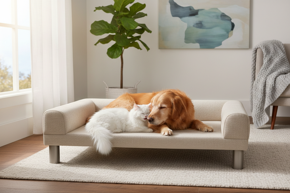 dog and cat resting on pet modern pet bed