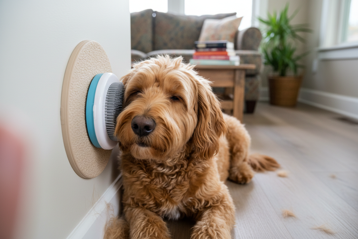 Dog calmly leaning into a wall-mounted brush. make it look it it was taken from a phone camera by a customer who wanna give product review