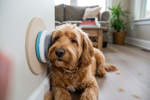 Dog calmly leaning into a wall-mounted brush. make it look it it was taken from a phone camera by a customer who wanna give product review